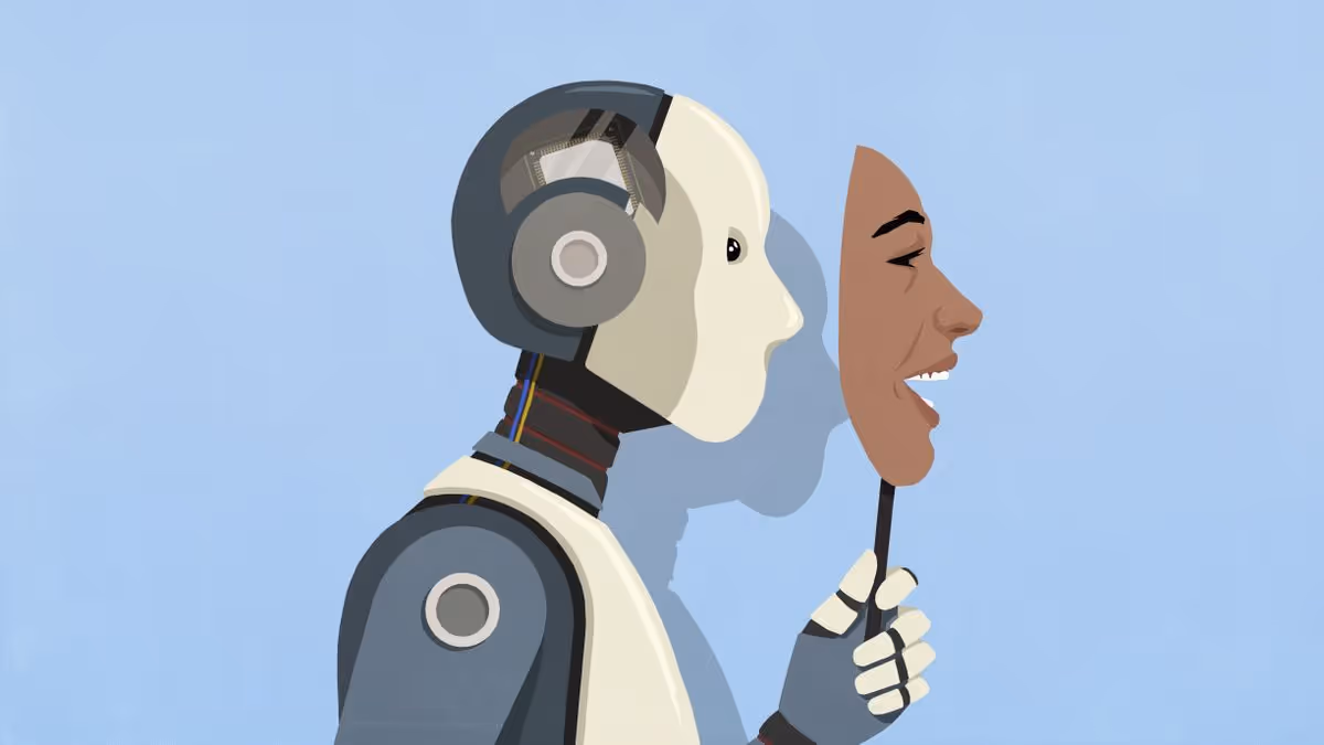 Een illustratie van een robot die een masker van een lachend menselijk gezicht vasthoudt tegen een lichtblauwe achtergrond.
