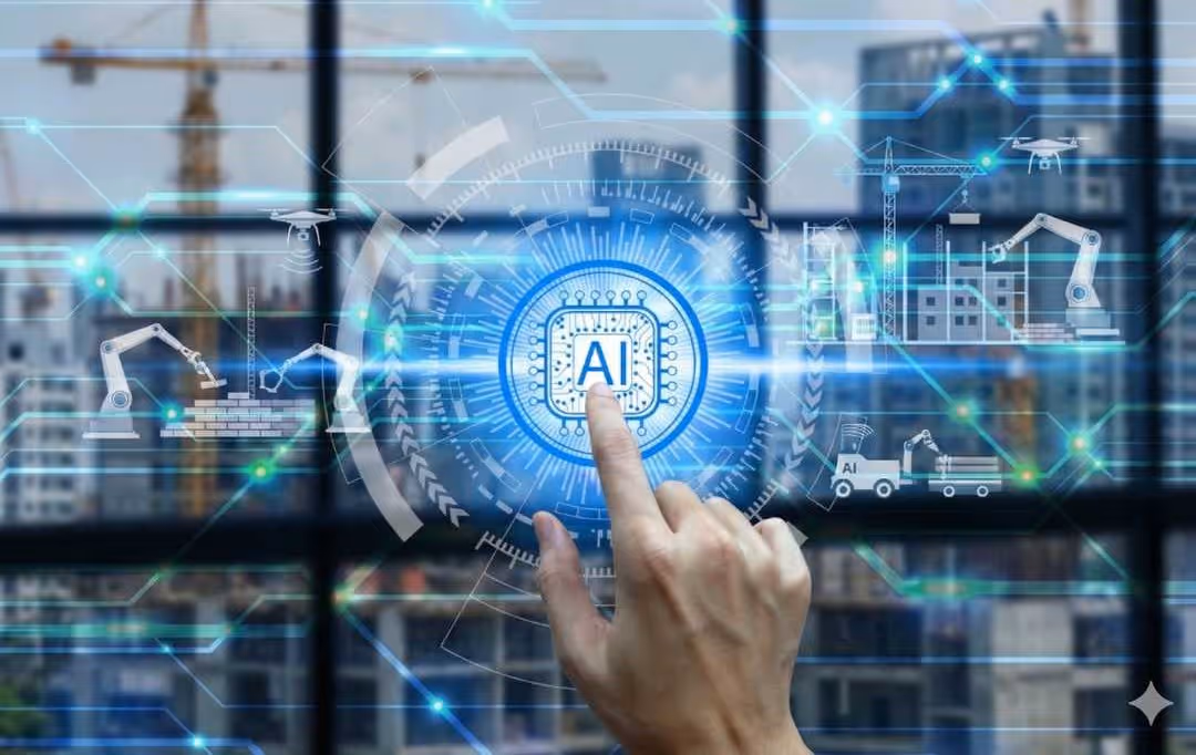 Een vinger die een gloeiend AI-chip icoon aanraakt op een digitale interface voor bouwautomatisering, met kranen en drones op de achtergrond.