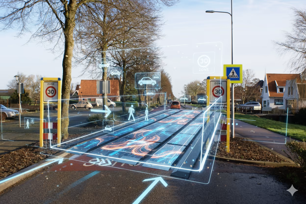 Een digitale augmented reality weergave van AI-verkeersveiligheid in een woonwijk met oplichtende overlays voor voetgangers, auto's en datastromen op het wegdek.