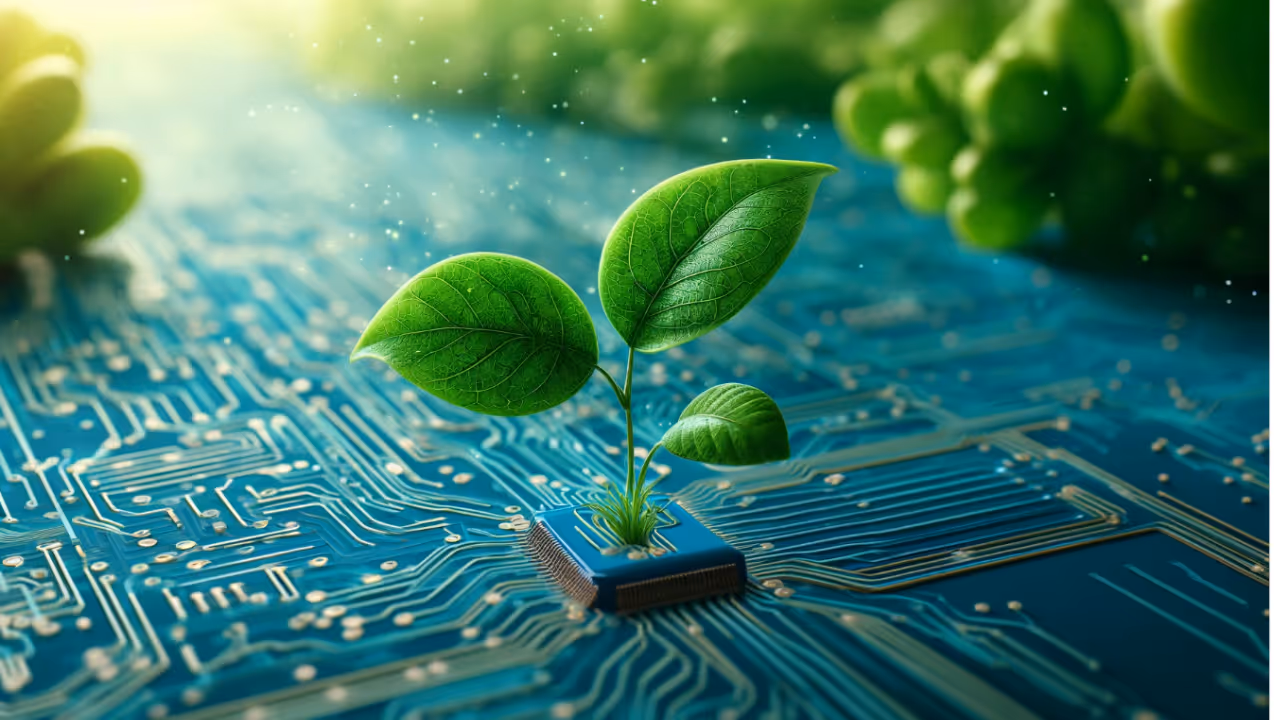 Een kleine groene plant die groeit uit een blauwe computerchip op een gedetailleerde elektronische printplaat, symbool voor duurzame AI.