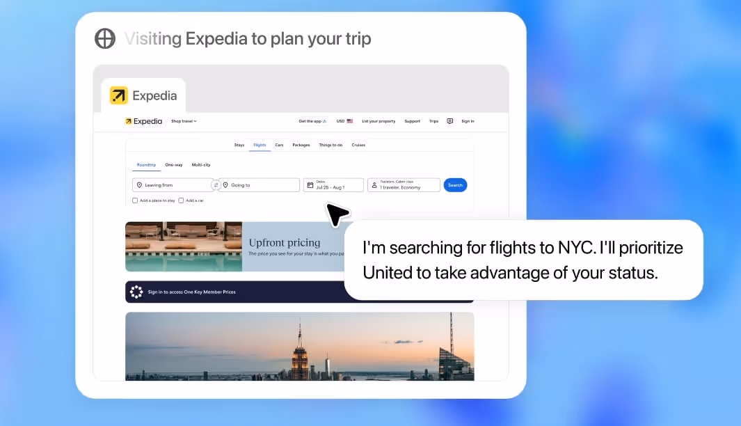 Interface van een OpenAI AI-agent die de website van Expedia gebruikt om autonoom vluchten naar New York City te zoeken en te boeken.