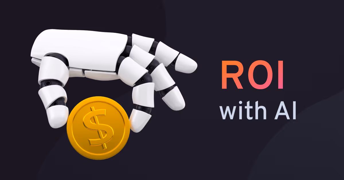 Een witte robot hand die een gouden munt met een dollarteken vasthoudt, met de tekst "ROI with AI" op een donkere achtergrond.