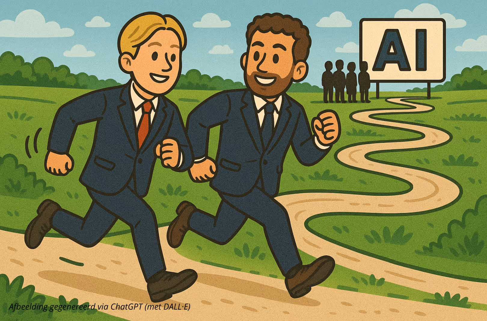 Een illustratie van twee zakenmannen die over een kronkelend pad in een groen landschap rennen richting een groot bord met de tekst "AI".
