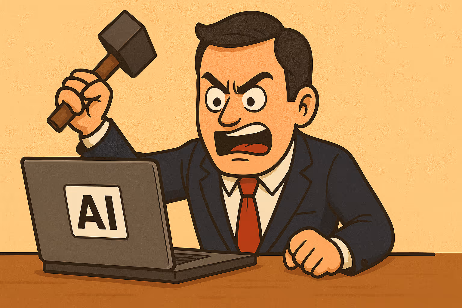 Een grappige cartoon van een gefrustreerde zakenman die met een hamer op het punt staat een laptop met een AI-logo kapot te slaan.