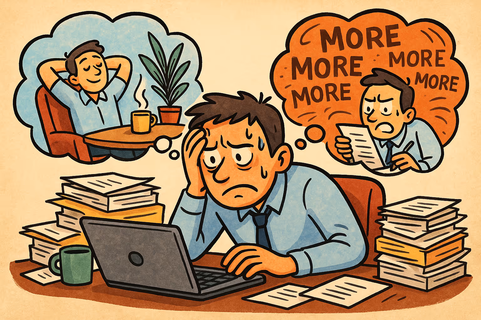 Een cartoon van een gestreste kantoormedewerker tussen stapels papier, die droomt van ontspanning terwijl hij onder druk wordt gezet om meer te presteren.