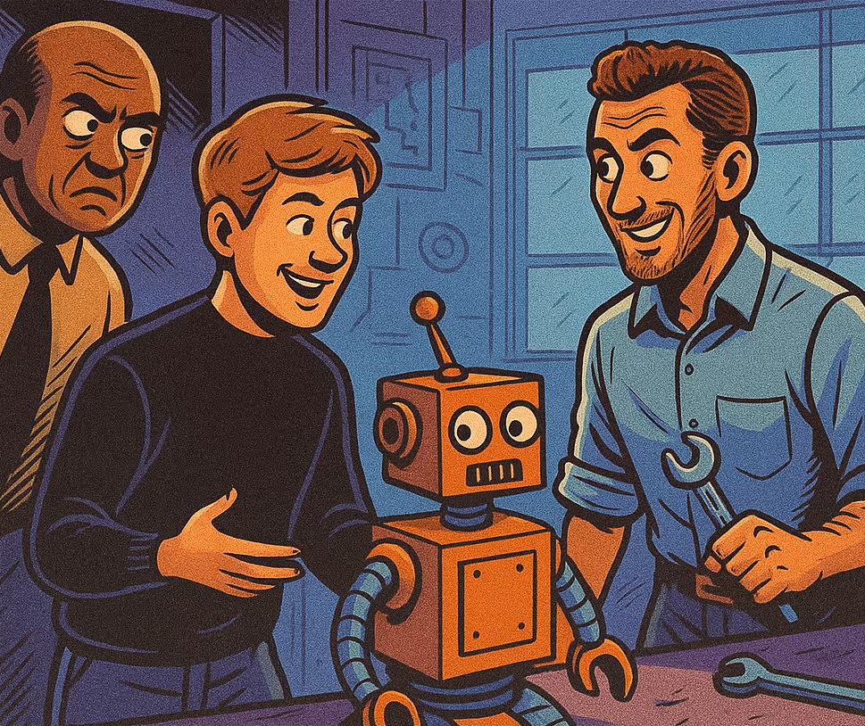 Een retro illustratie van een jongere en een oudere technicus die enthousiast een kleine oranje robot bewonderen in een werkplaats, terwijl een sceptische collega op de achtergrond toekijkt.