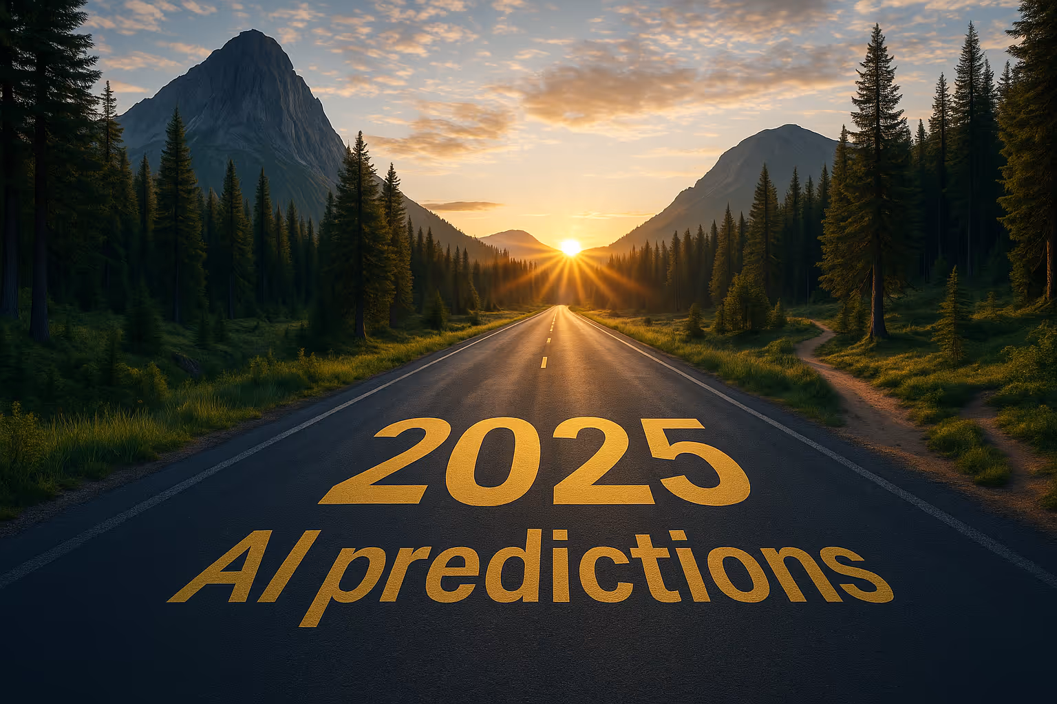 Een weidse foto van een strakke asfaltweg die richting een zonsopgang tussen hoge bergen leidt, met de tekst "2025 AI predictions" groot in het geel op de weg geschreven.