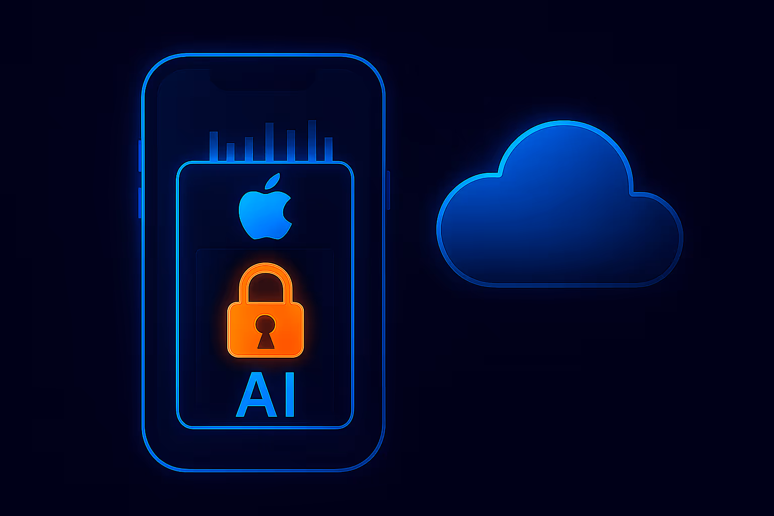 Een neon-illustratie van een iPhone-outline met het Apple-logo, een gloeiend oranje hangslot en de tekst "AI", naast een blauw cloud-icoon op een donkere achtergrond.