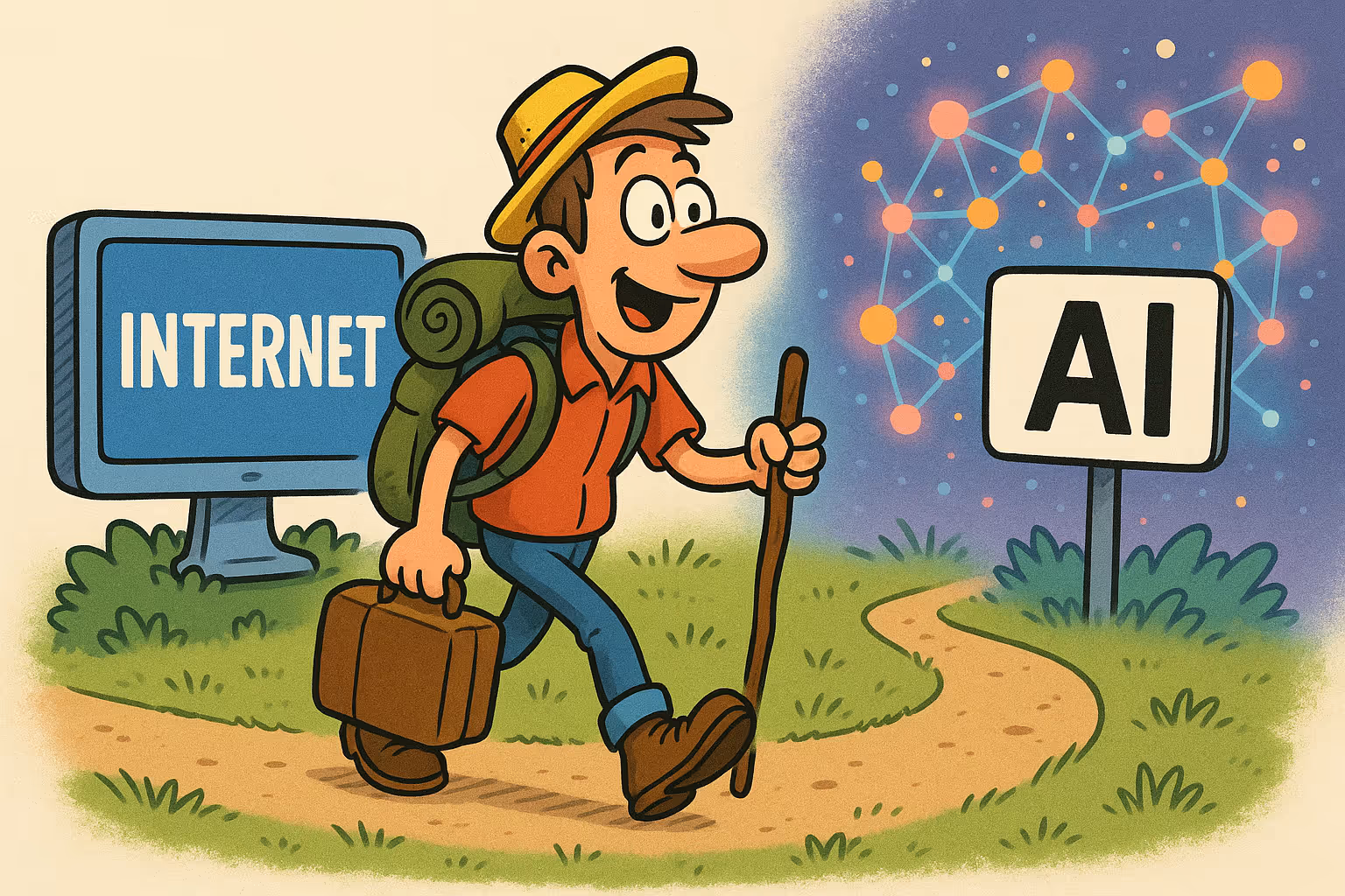 Een vrolijke cartoon van een wandelaar met een rugzak die van een klassiek computerscherm met de tekst "INTERNET" naar een bord loopt met de tekst "AI" en een gloeiend neuraal netwerk.