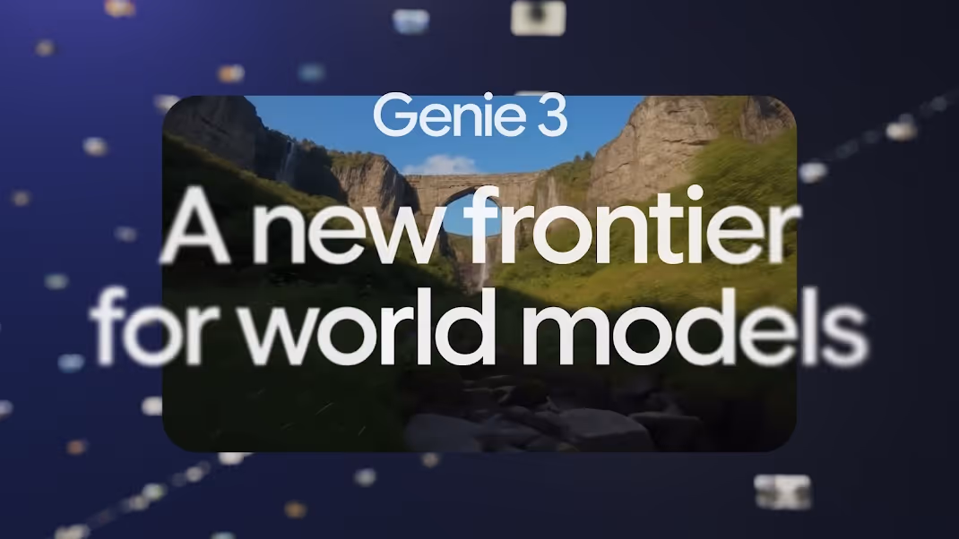 Een screenshot met de tekst "Genie 3 - A new frontier for world models" over een weids groen landschap met een indrukwekkende stenen boog.