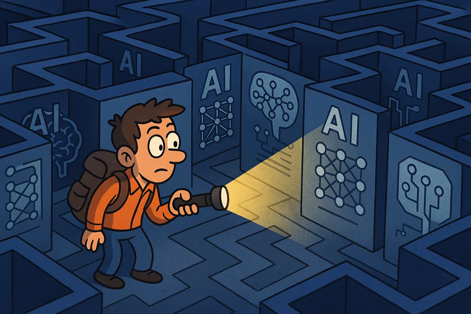 Een illustratie van een man met een zaklamp in een donker AI-labyrint, symboliserend de zoektocht naar praktische AI-toepassingen voor bedrijven
