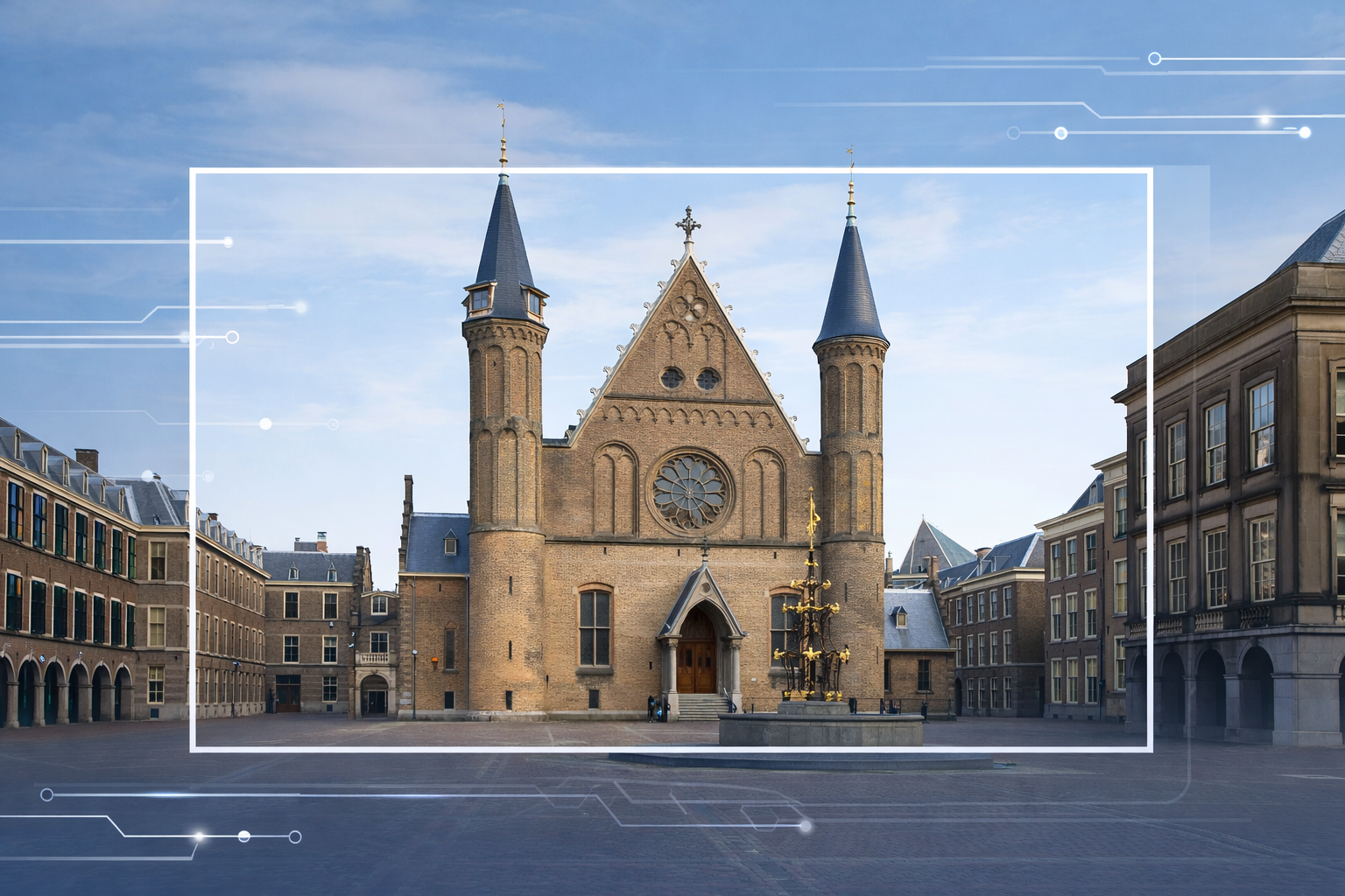 Een foto van het Binnenhof in Den Haag, omlijst door een digitaal interface-kader dat de implementatie van AI binnen de overheid symboliseert.