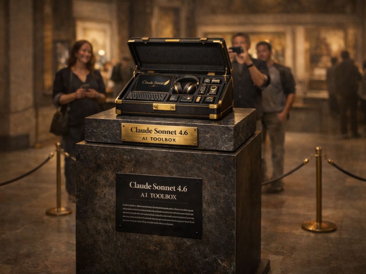 Een luxe 'Claude Sonnet 4.6 AI Toolbox' koffer met een interface, koptelefoon en toetsenbord, gepresenteerd als een fysiek product door Lumans.