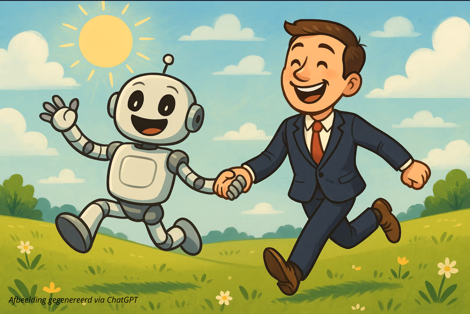 Een vrolijke illustratie van een zakenman in pak die hand in hand rent met een vriendelijke witte robot door een zonnig groen bloemenveld onder een stralende zon.