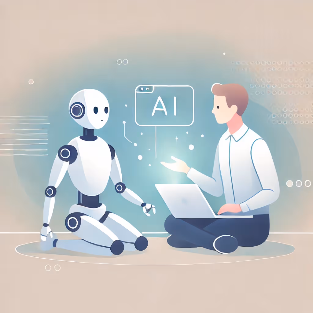 Een minimalistische illustratie van een mens met een laptop die communiceert met een witte robot, met een zwevend AI-icoon in het midden.