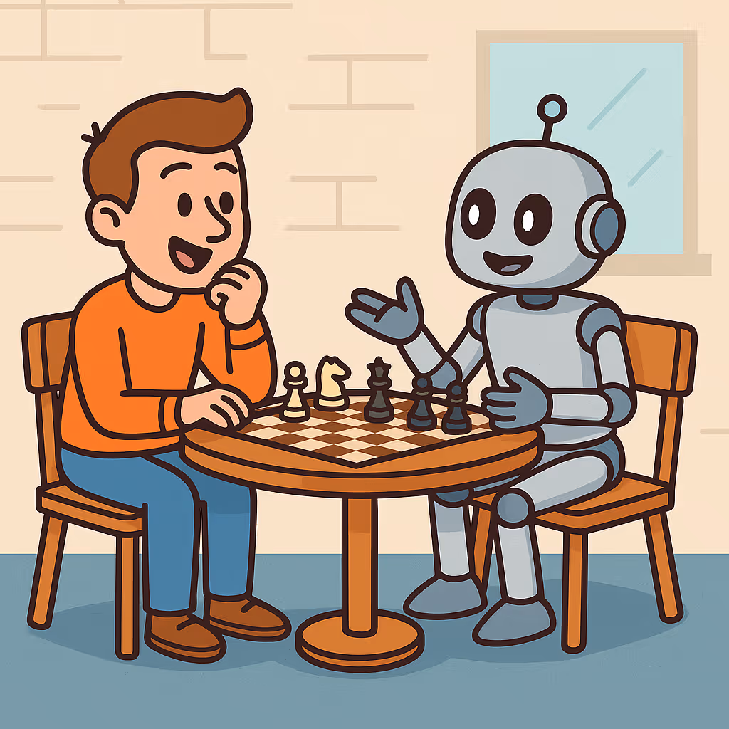 Een vrolijke illustratie van een man in een oranje shirt die een potje schaakt tegen een vriendelijke grijze robot aan een houten tafel.