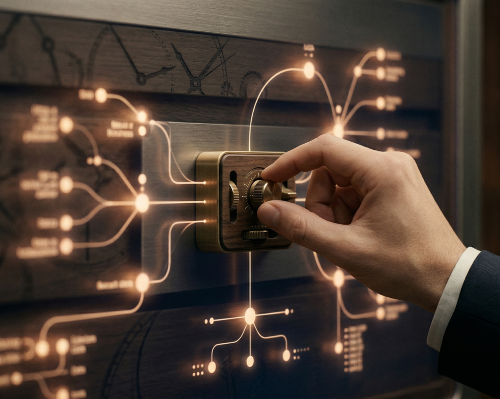 Een hand die een verfijnde koperen draaiknop bedient op een houten paneel met lichtgevende digitale verbindingen, symbool voor de controle over de EU AI Act.