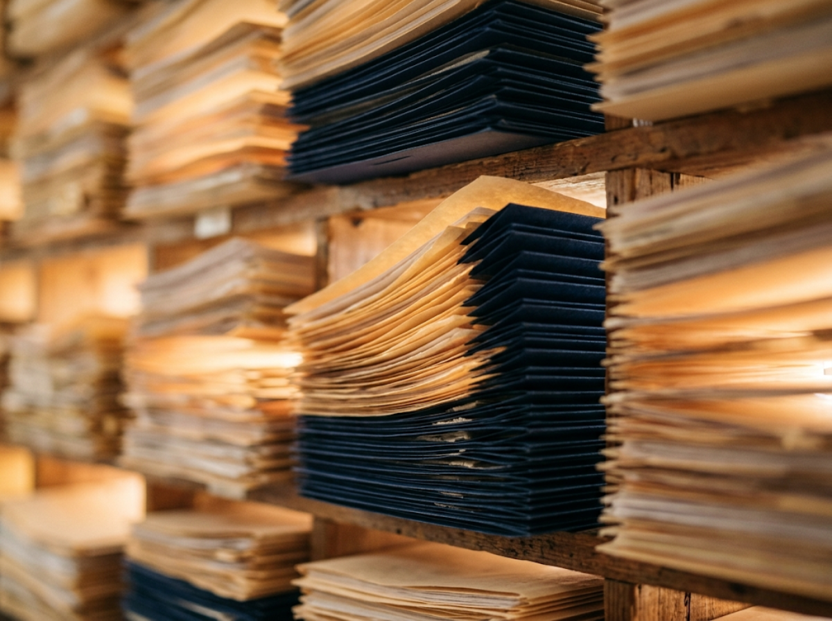 Stapels overvolle mappen en dossiers in een houten archiefkast, symbool voor de administratiedruk die Lumans met AI-oplossingen wegneemt.