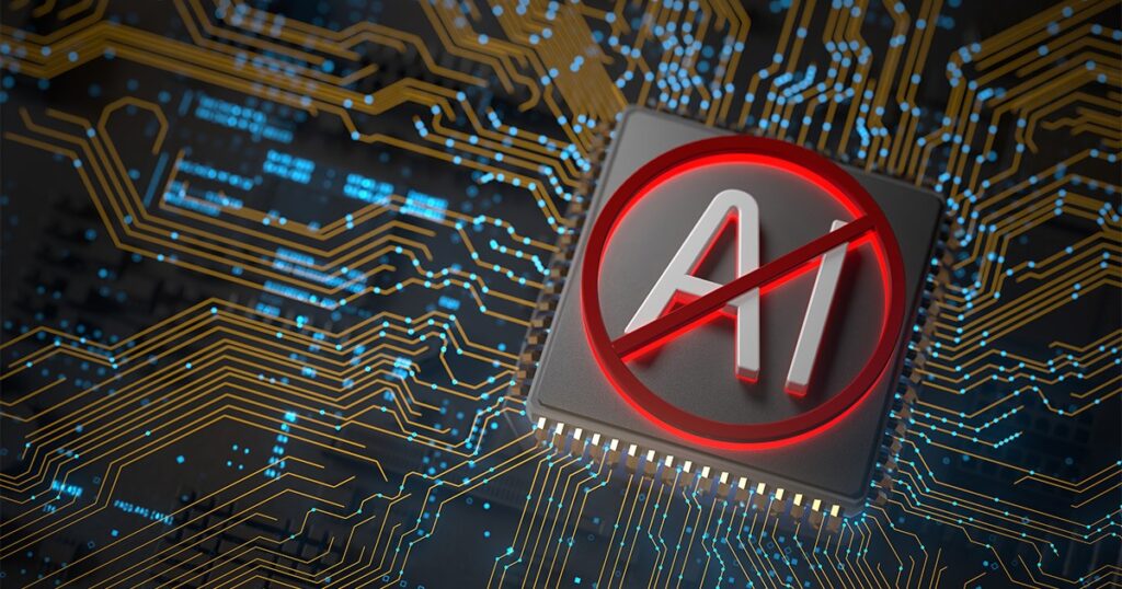 Een computerchip met een groot rood verbodsteken over het 'AI' symbool, illustrerend de blokkade van onveilige AI-systemen op hardwareniveau.