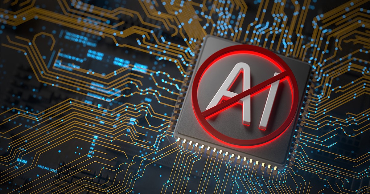 Een computerchip met een groot rood verbodsteken over het 'AI' symbool, illustrerend de blokkade van onveilige AI-systemen op hardwareniveau.