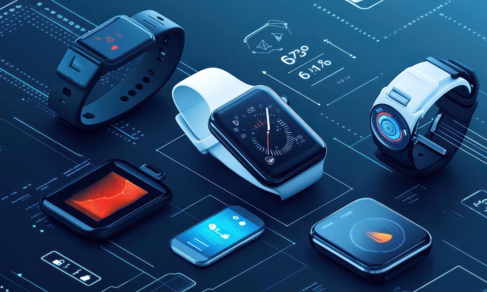 Een overzicht van diverse moderne AI-powered wearables en smartwatches op een blauwe digitale achtergrond met data-visualisaties.