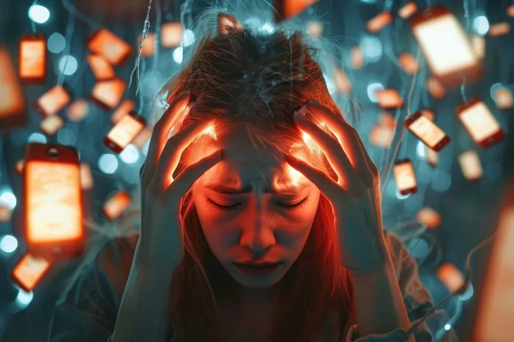 Een vrouw houdt haar hoofd vast in een overweldigende omgeving van zwevende, lichtgevende smartphones, wat de 'AI-moeheid' en informatie-overload bij professionals symboliseert.
