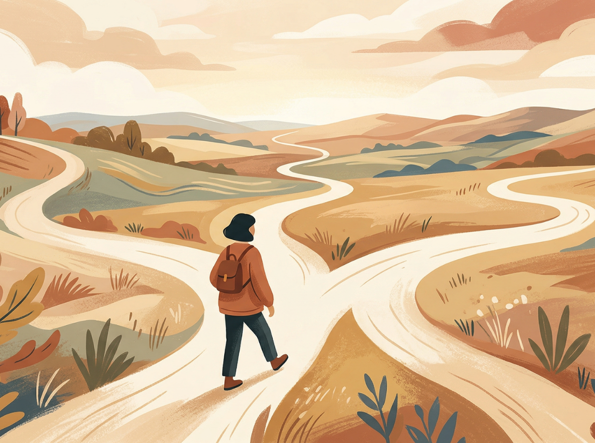 Een illustratie van een persoon met een rugzak die voor een splitsing van kronkelende paden in een landschap staat, symbool voor de AI-keuzes van organisaties.