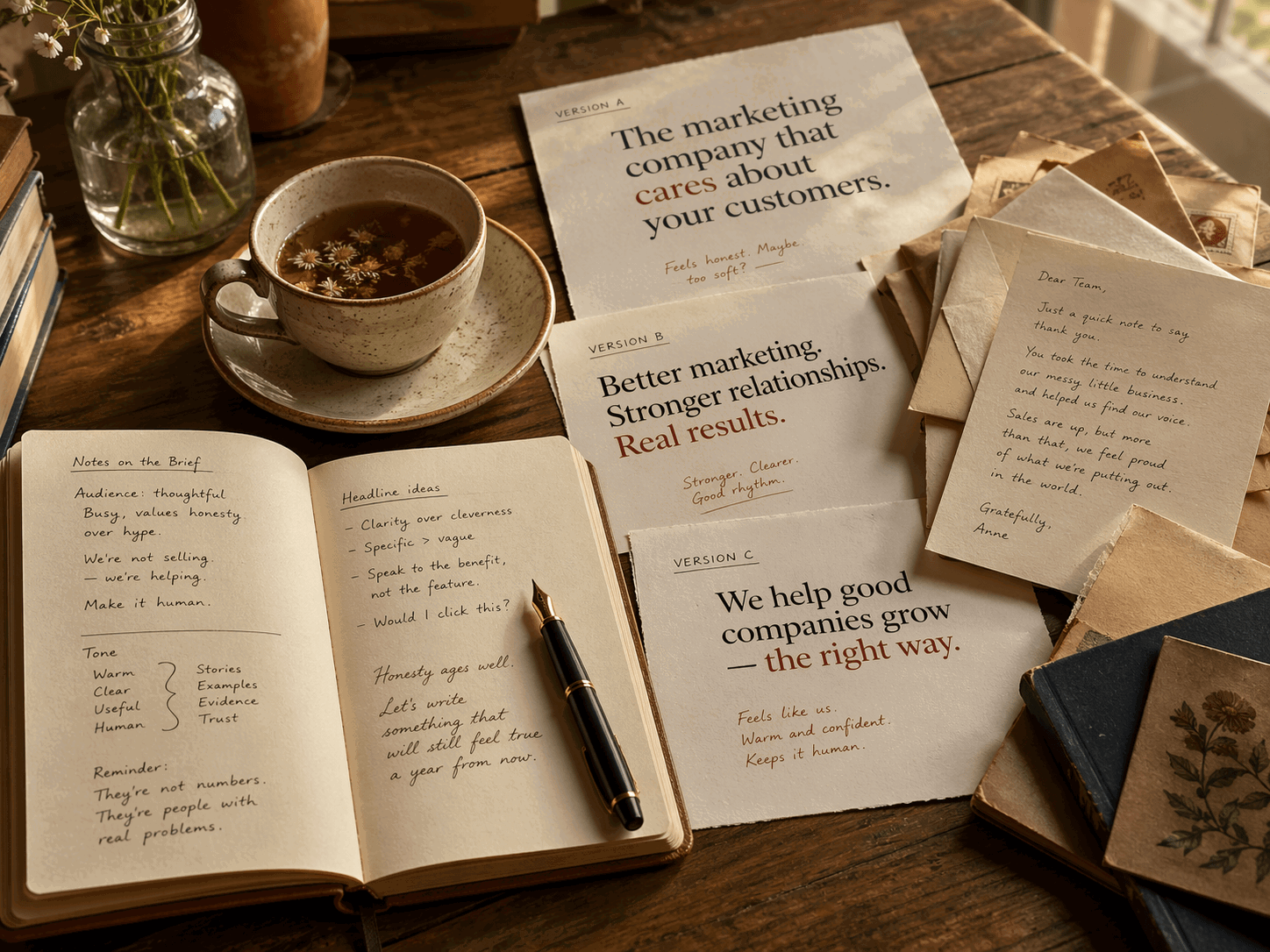 Handgeschreven notities in een notitieboek met marketingstrategie concepten, ernaast koppen voor AI marketing use cases.