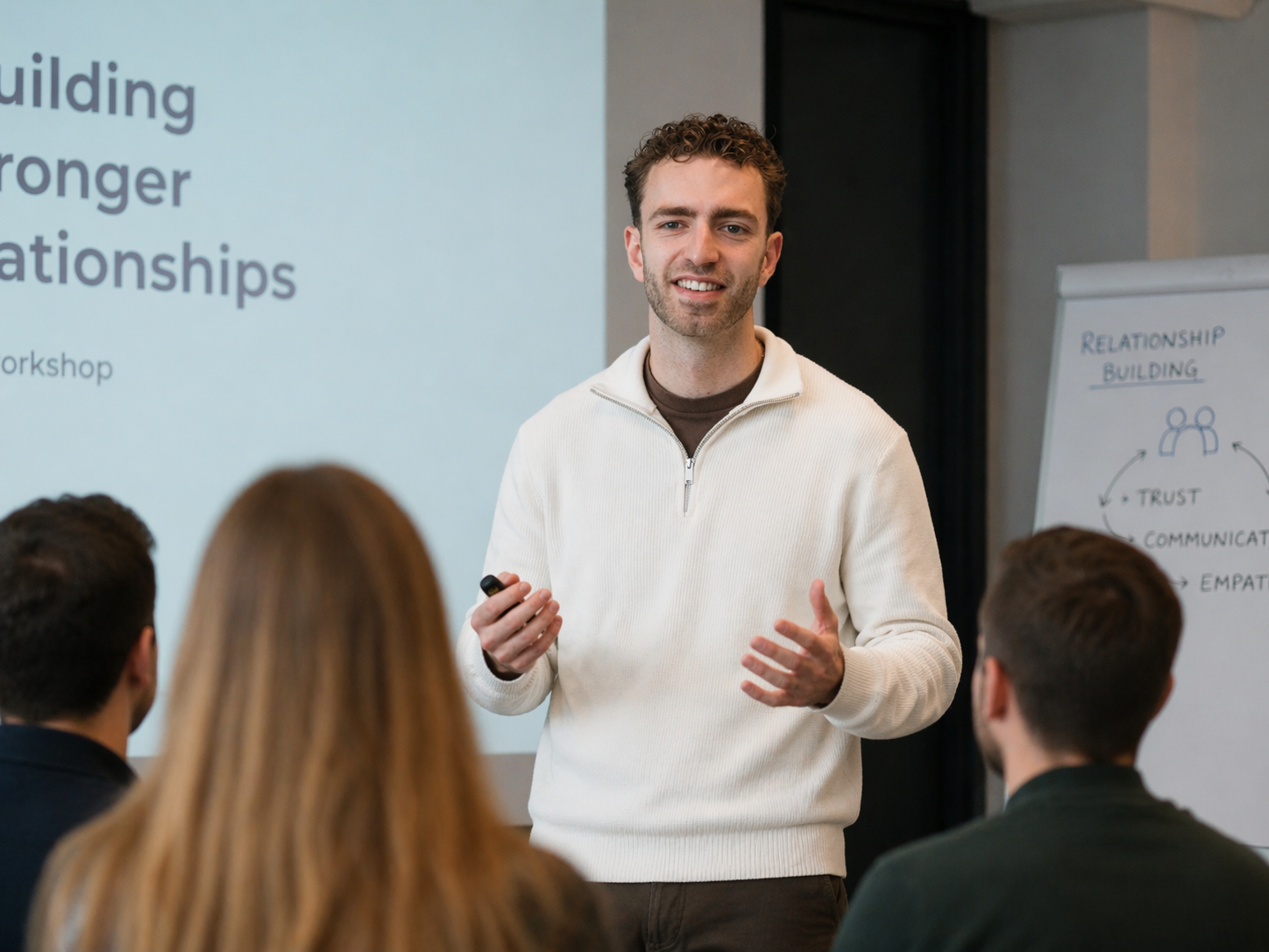 Niek Lintermans van Lumans geeft een interactieve AI-workshop aan een groep professionals in een vergaderruimte