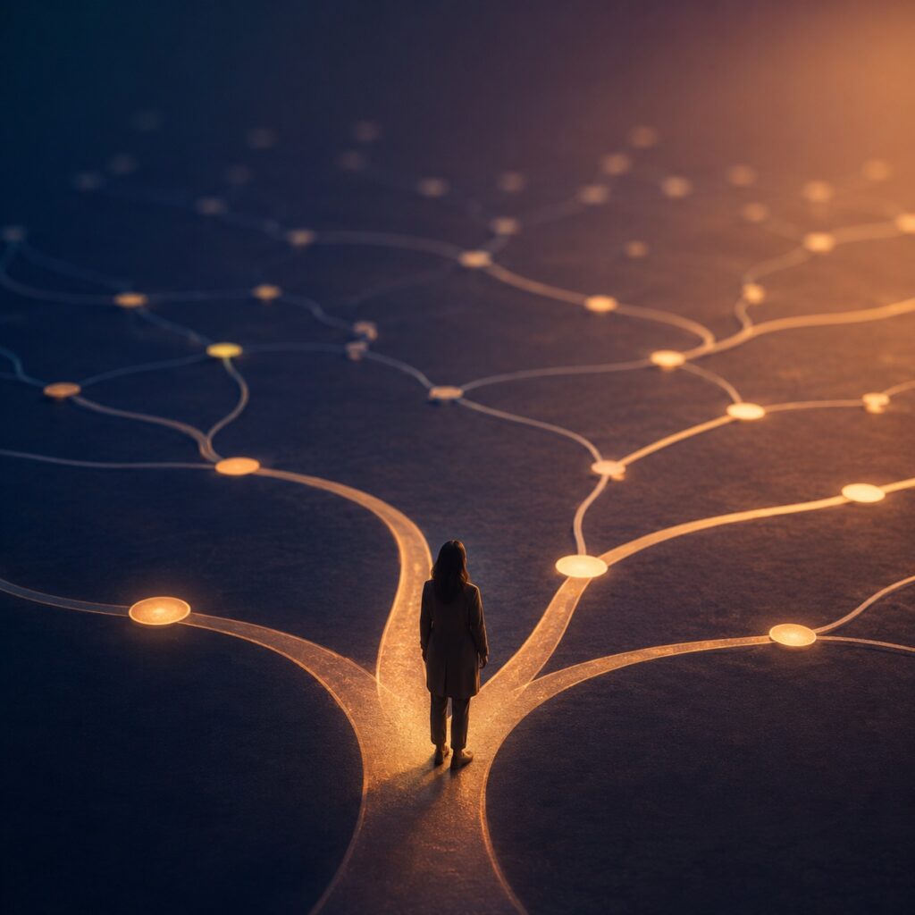 Een vrouw staat op een splitsing van lichtgevende paden die zich vertakken als een neuraal netwerk of een beslissingsboom, wat de strategische keuzes in AI-software symboliseert.