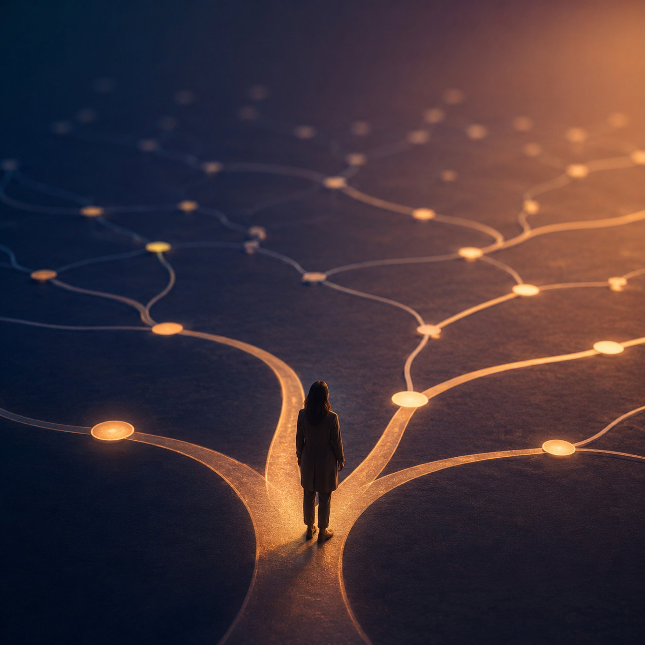 Een vrouw staat op een splitsing van lichtgevende paden die zich vertakken als een neuraal netwerk of een beslissingsboom, wat de strategische keuzes in AI-software symboliseert.