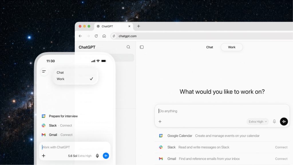 ChatGPT Work op desktop en mobiel met gekoppelde bedrijfsapps.