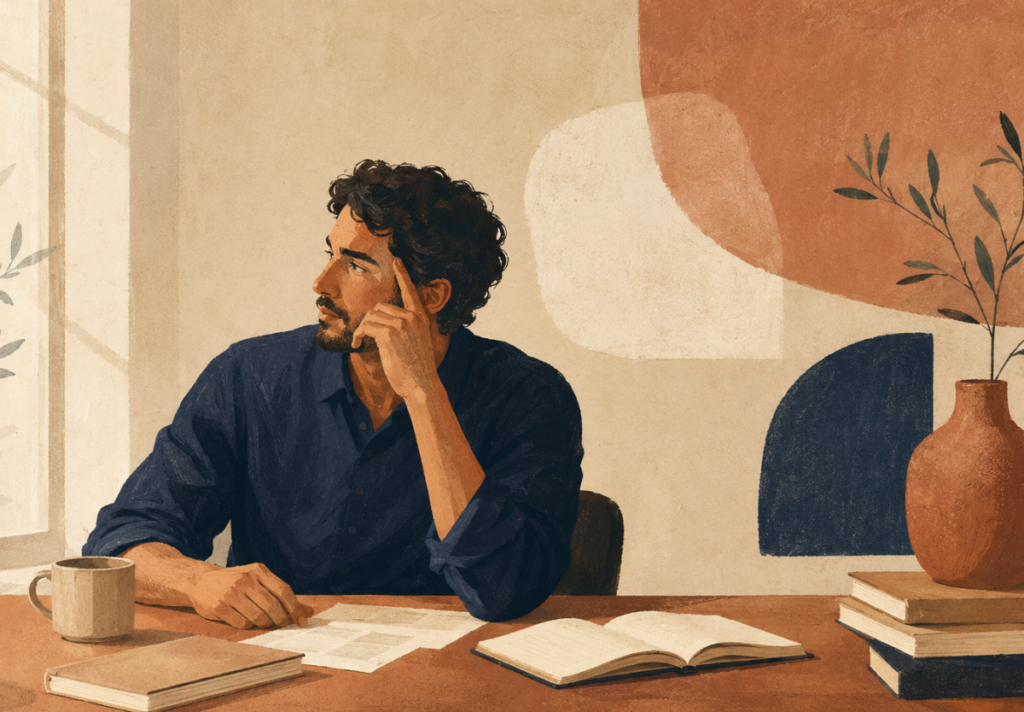 Man denkt na aan een tafel met boeken en aantekeningen.