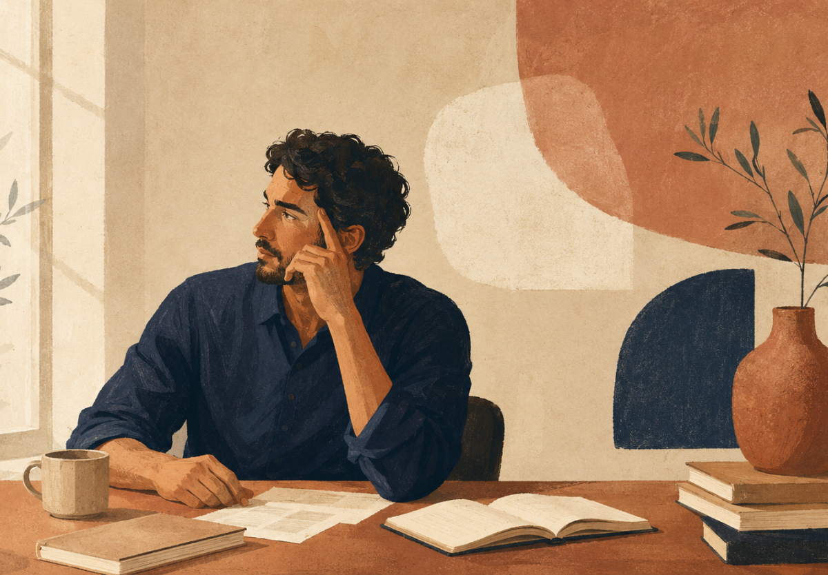 Man denkt na aan een tafel met boeken en aantekeningen.